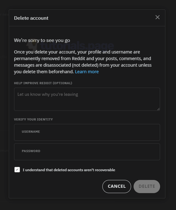 Confirm deleting the account and provide feedback (optional)