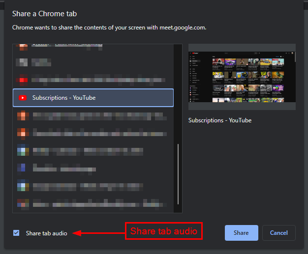 Share tab audio option in Chrome-based browsers