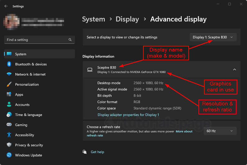 Windows 11 Settings app: advanced display