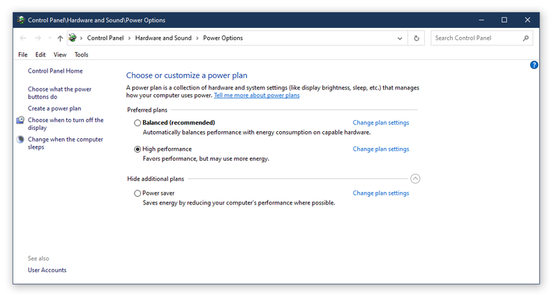 Control panel power plan